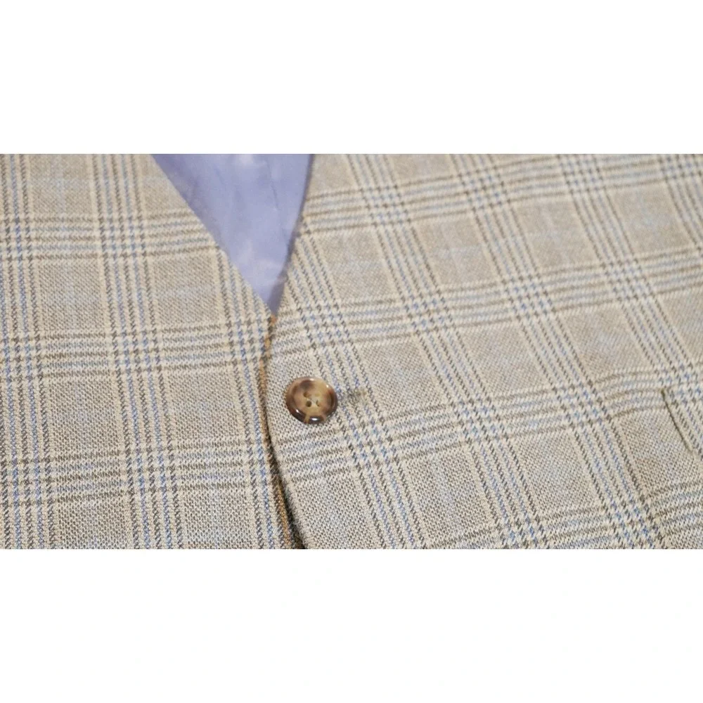 Cremieux Collection Mens XL Plaid‎ Suit Vest Tan Blue Waistcoat Adjustable Back